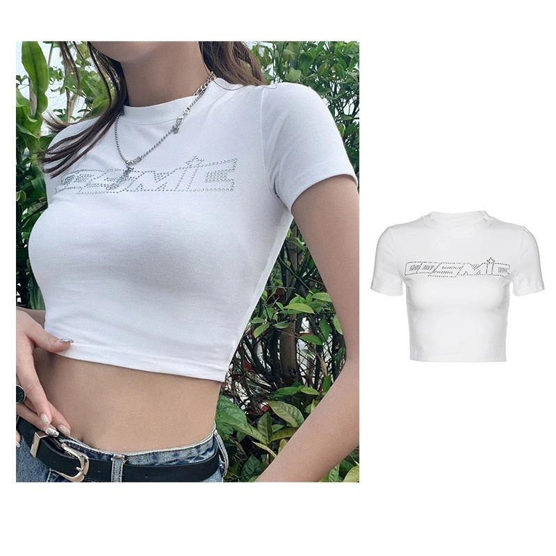 Y2K Rhinestone Cosmic Print Crop Top